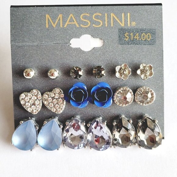 Massini 9 Pack Stud Earrings Teardrops Flowers Bezel Set Heart New On Card - Picture 1 of 5